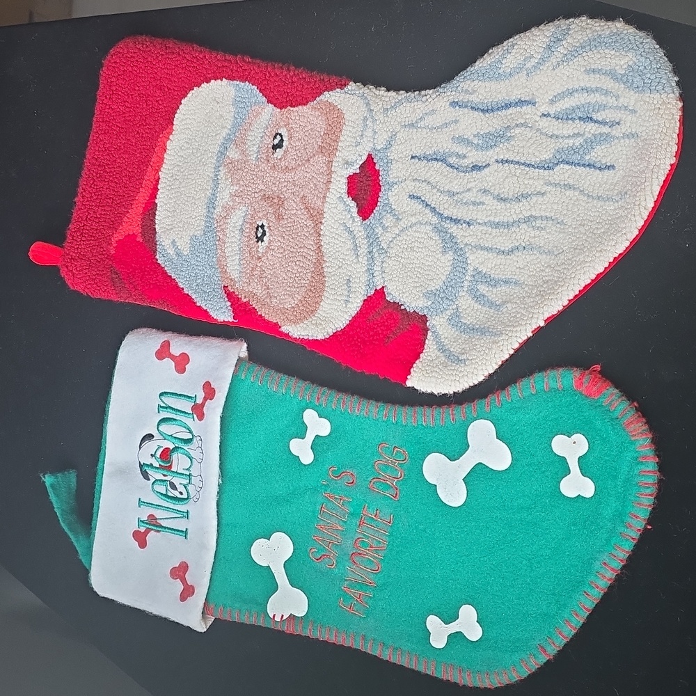 1992 Needlepoint Santa Stocking + Embroidered Nelson Dog Stocking
